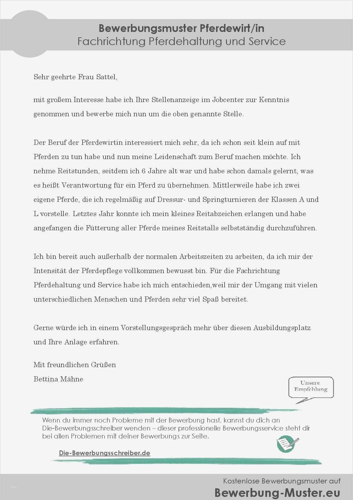 Bewerbung Ausbildung Vorlage Angenehm Kostenloses Bewerbungsmuster Pferdewirt In