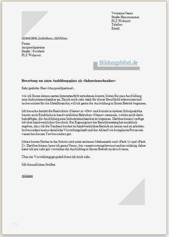 Bewerbung Ausbildung Vorlage Süß Bewerbung Industriemechaniker Ausbildung