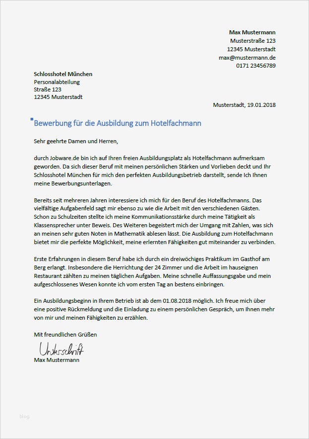 Bewerbung Für Ausbildung Vorlage Süß Bewerbung Als Hotelfachmann Hotelfachfrau Bewerbungsmuster