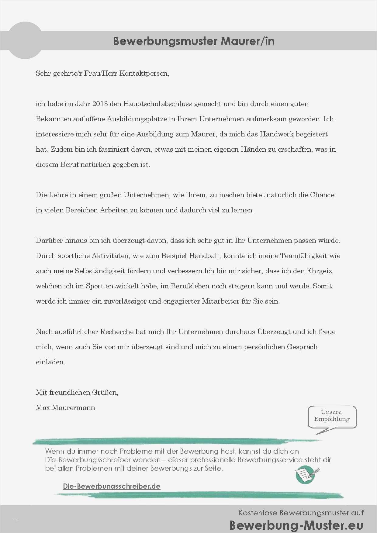 Bewerbung Für Ausbildung Vorlage Wunderbar Professionelle Bewerbungsvorlage Maurer In