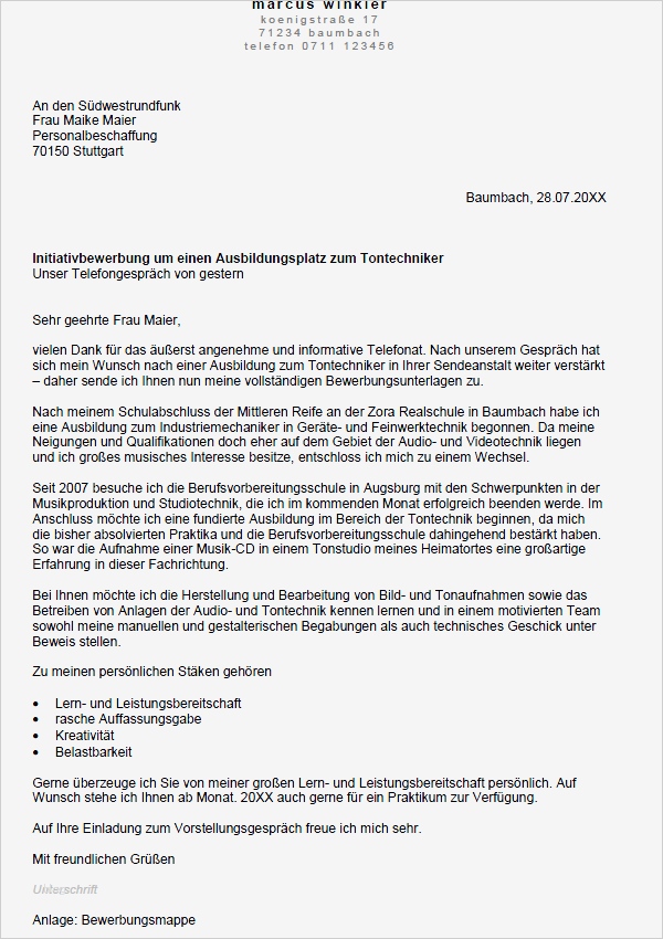 Bewerbung Praktikum Physiotherapie Vorlage Luxus Bewerbung tontechniker In Ausbildung