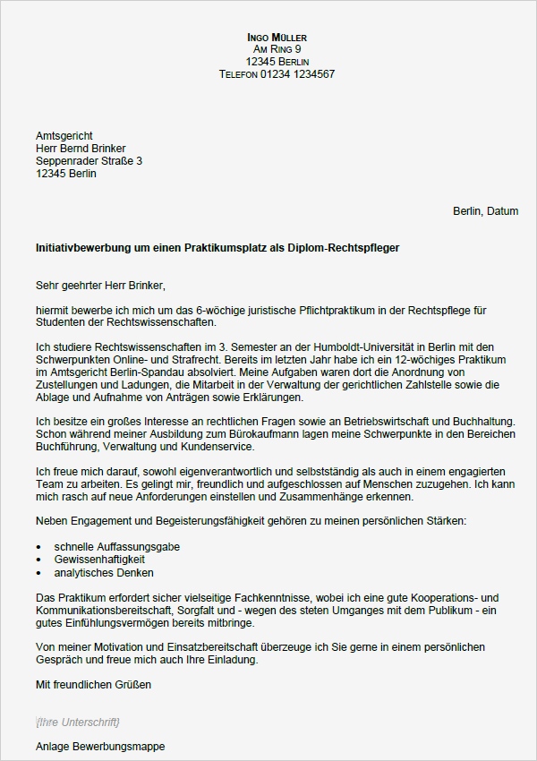 Bewerbung Vorlage Praktikum Erstaunlich Bewerbung Rechtspflege Praktikum sofort Download