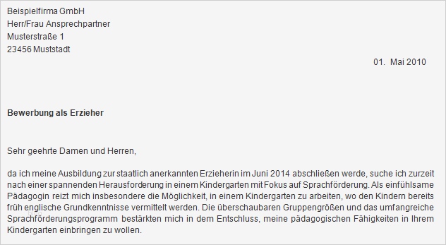 Bewerbungsanschreiben Vorlage Erzieherin Gut Bewerbungsschreiben Als Erzieher Meinebewerbung