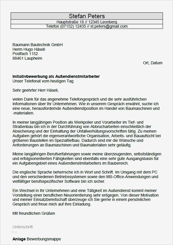 Bewerbungsschreiben Vertrieb Aussendienst Vorlage Fabelhaft Bewerbung Außen Nstmitarbeiter Berufseinsteiger