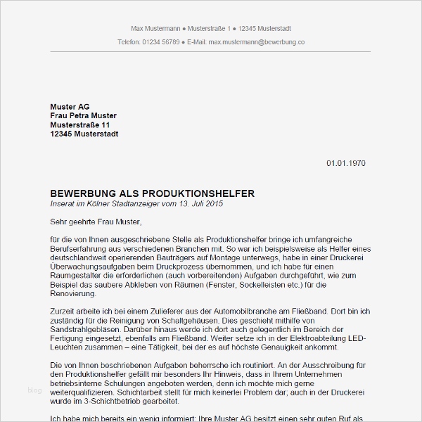 Bewerbungsschreiben Vorlage Verkäuferin Ohne Erfahrung Angenehm Bewerbung Als Produktionshelfer Produktionshelferin