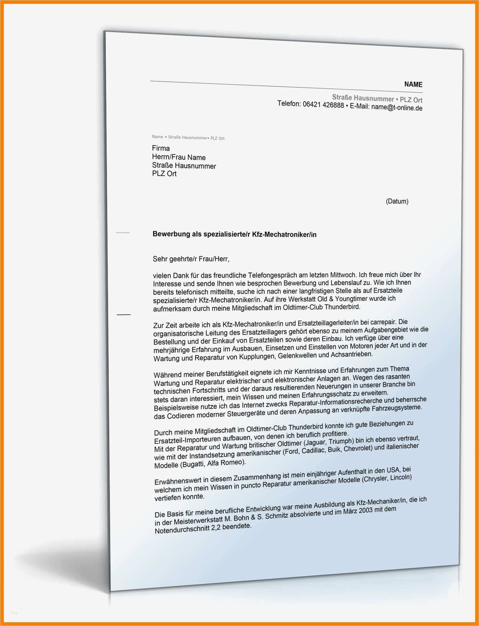 Bewerbungstext Vorlage Angenehm 1 2 Bewerbung Kfz Mechatroniker Vorlage