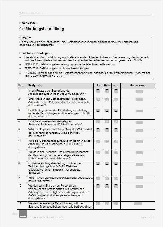 Bg Gefährdungsbeurteilung Vorlage Angenehm Nett Prüfliste Blattvorlage Zeitgenössisch Vorlagen