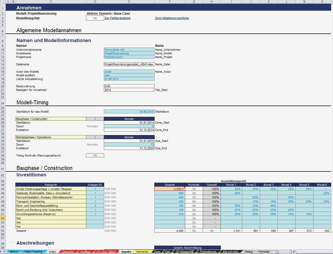 Bilanz Excel Vorlage Süß Excel Projektfinanzierungsmodell Mit Cash Flow Guv Und