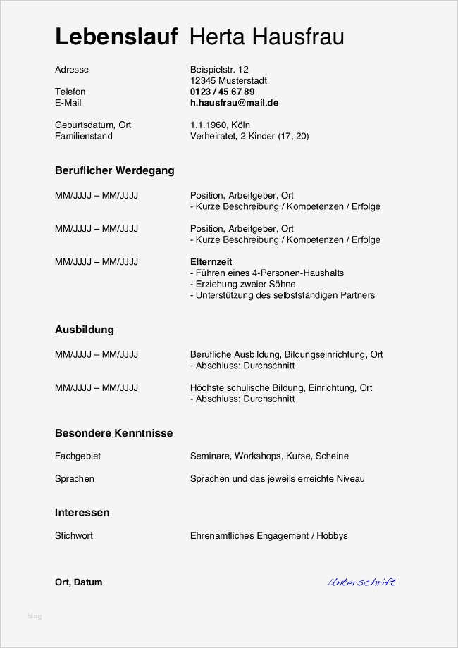 Biografie Vorlage Angenehm Lebenslauf Hausfrau Muster Für Den Wiedereinstieg