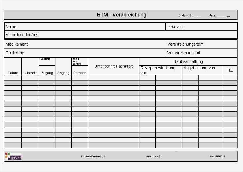 Btm Dokumentation Vorlage Einzigartig formulare &amp; Protokolle