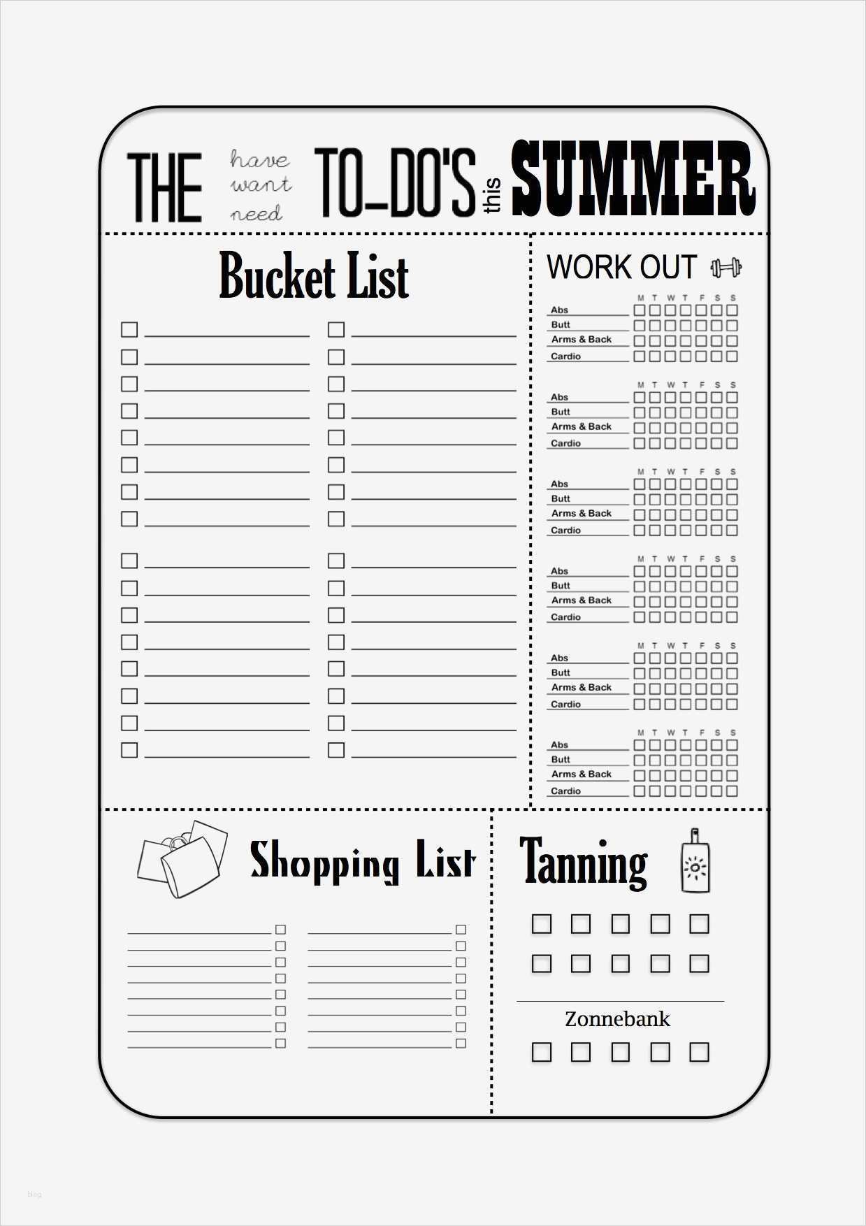 Bucket List Vorlage Angenehm to Do List Template Summer Shopping List Tanning Work Out
