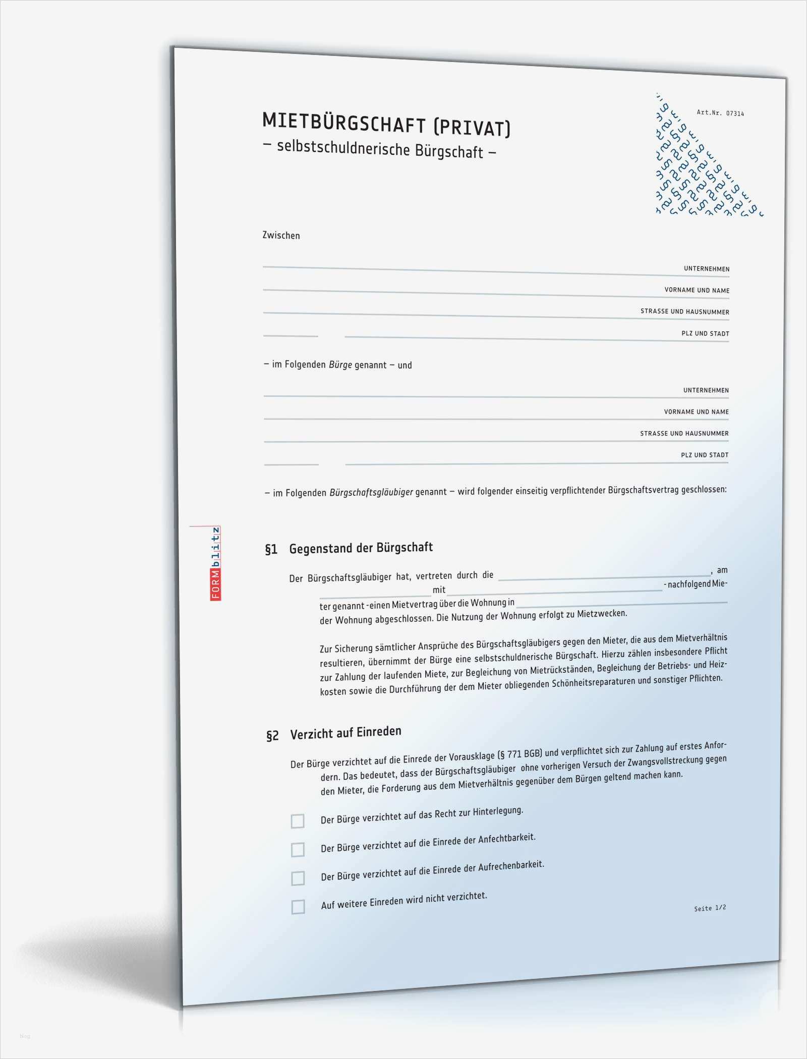 Bürgschaft Für Vermieter Vorlage Bewundernswert Selbstschuldnerische Mietbürgschaft