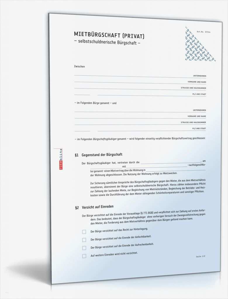 Bürgschaft Vorlage Neu Selbstschuldnerische Mietbürgschaft