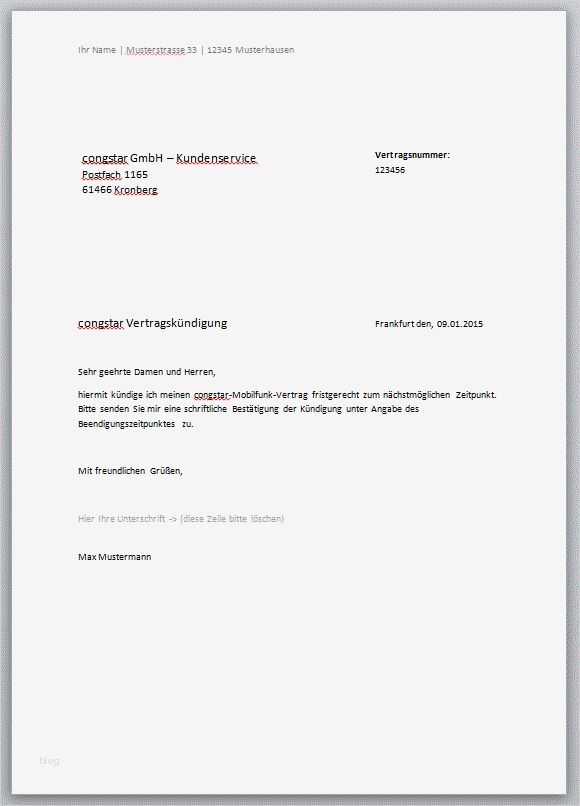 Congstar Kündigung Vorlage Erstaunlich Handyvertrag Kündigungschreiben – Kostenlose Vorlagen