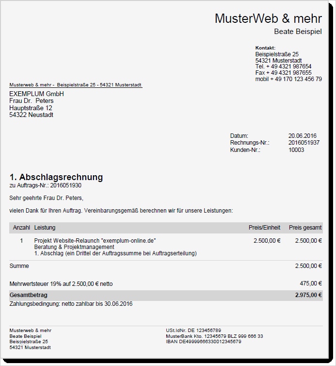 Nett Beispiel Für Rechnung Für Erbrachte