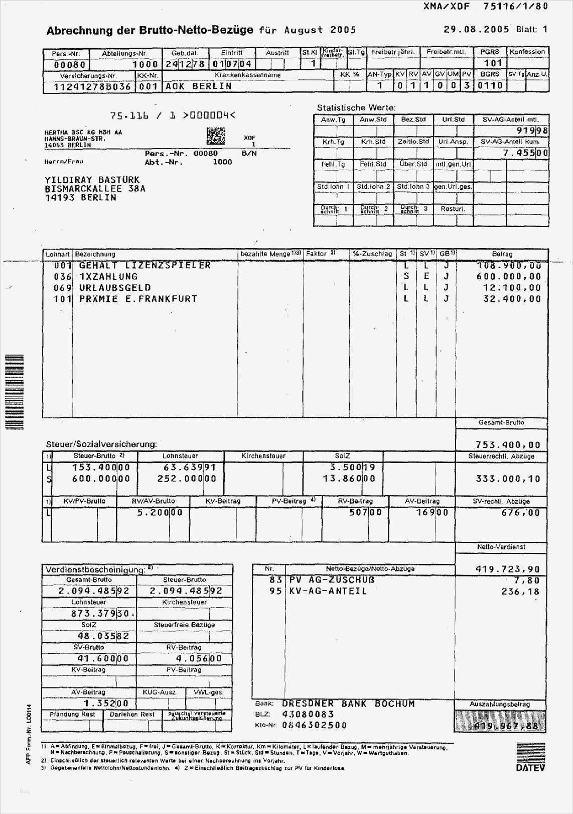Datev Lohnabrechnung Vorlage Erstaunlich Gehaltsabrechnung Eines Fußballprofis