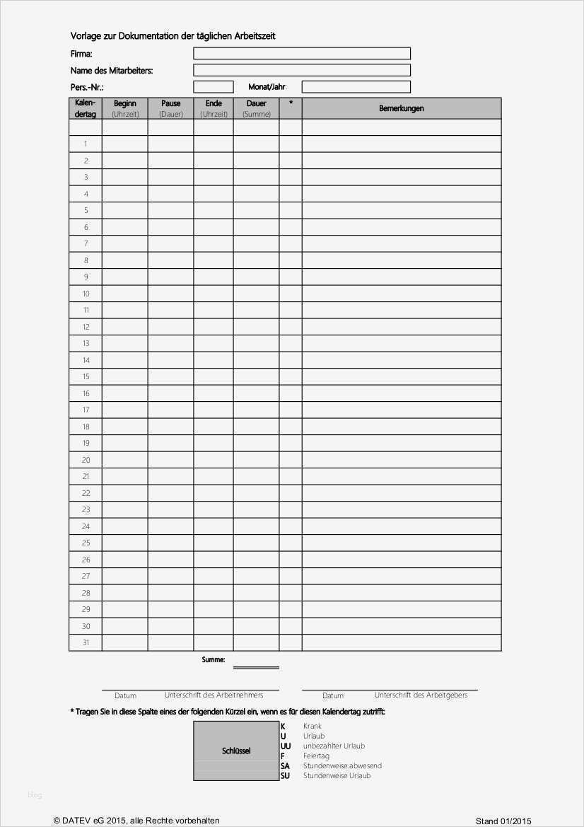 Datev Vorlage Zur Dokumentation Der Täglichen Arbeitszeit 2017 Elegant Downloads