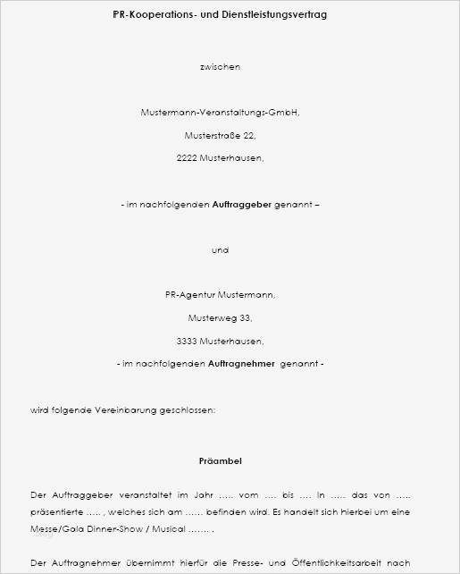 Dienstleistungsvertrag Muster Vorlage Fabelhaft Pr Kooperations Und Dienstleistungsvertrag
