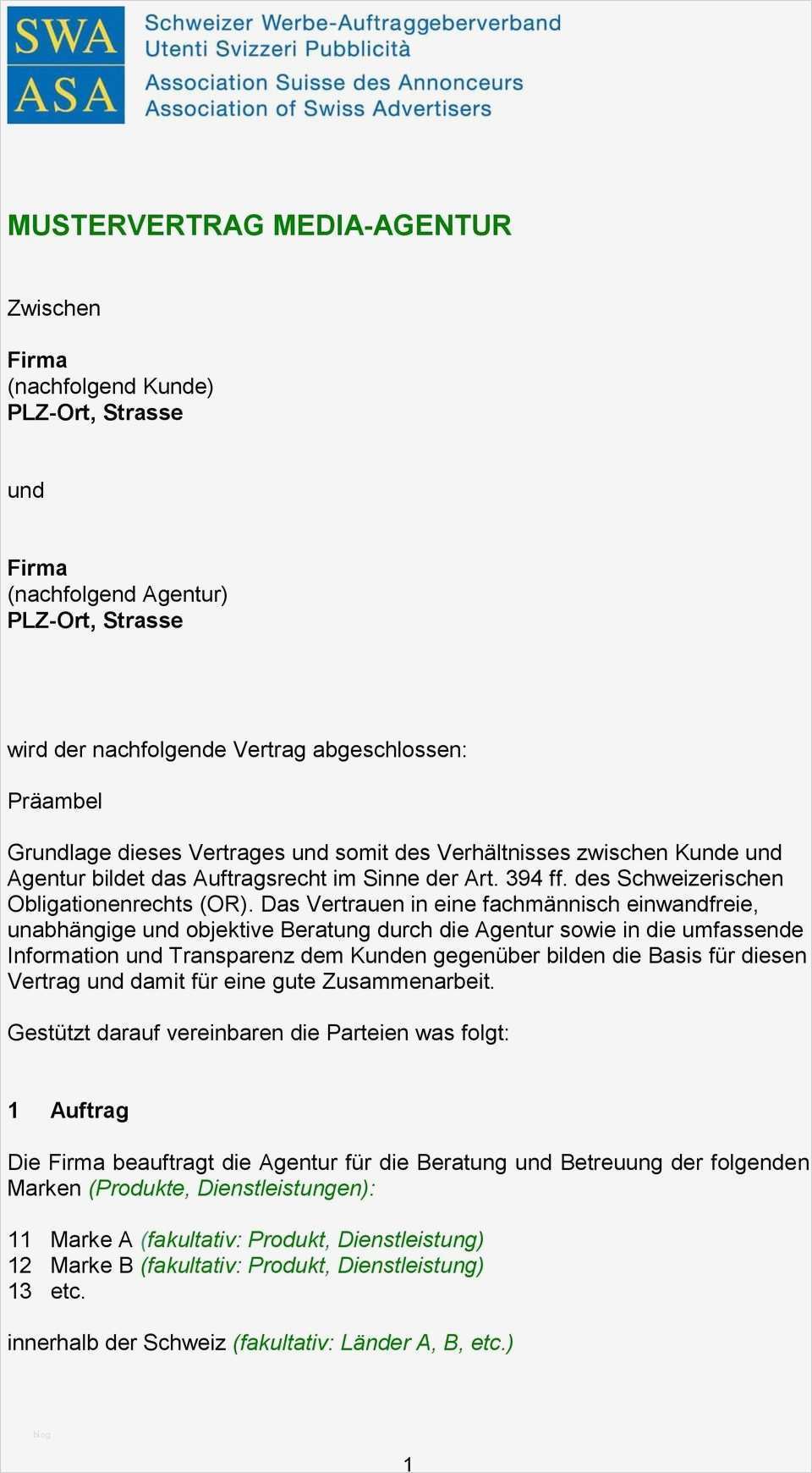 Dienstleistungsvertrag Muster Vorlage Genial Mustervertrag Media Agentur Pdf