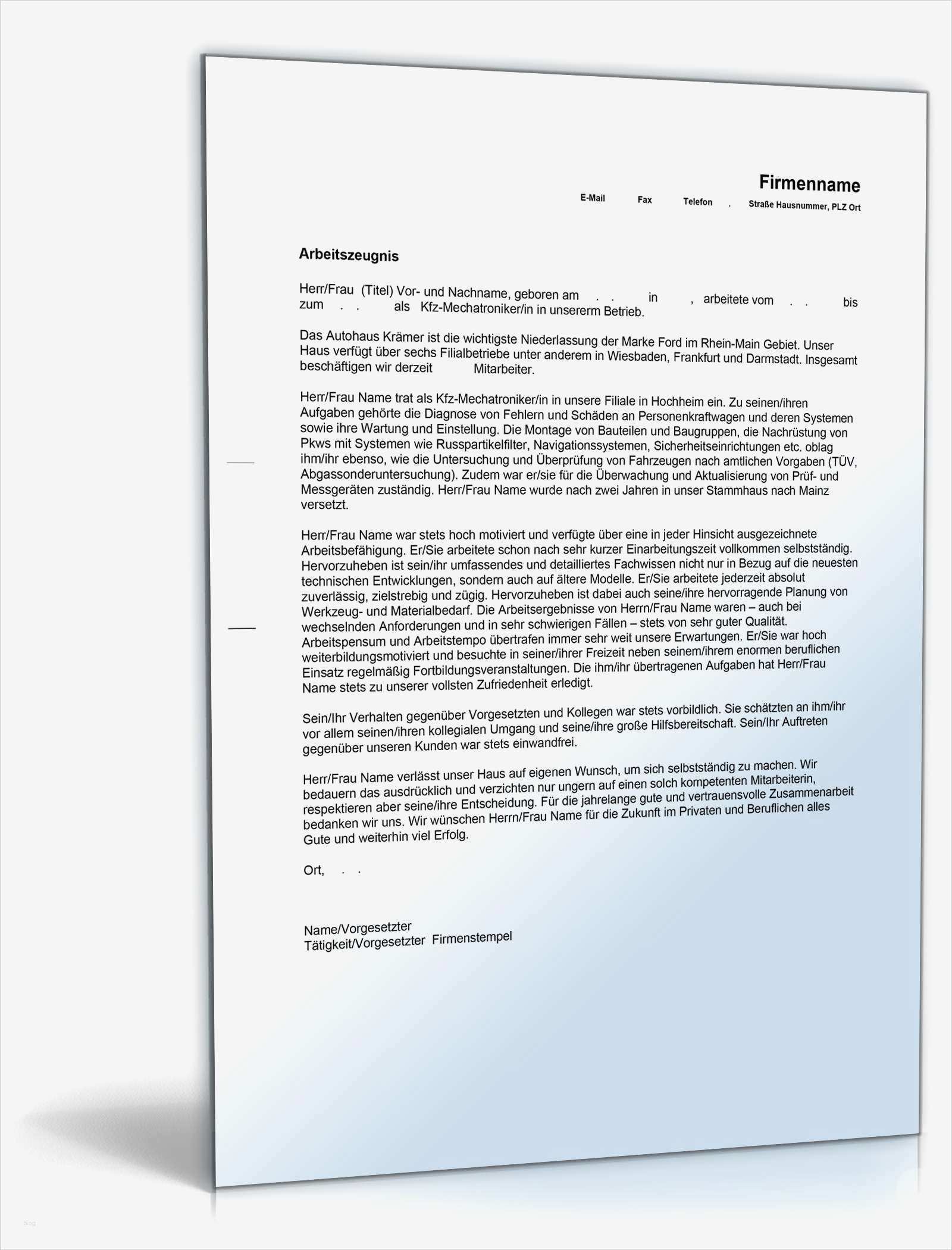 Dienstzeugnis Vorlage Sehr Gut Schönste Arbeitszeugnis Kfz Mechatroniker Note Eins