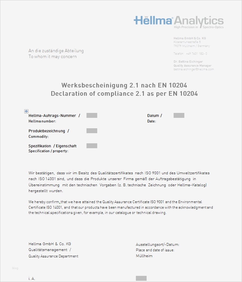 Prüfbescheinigungen nach EN Hellma Analytics