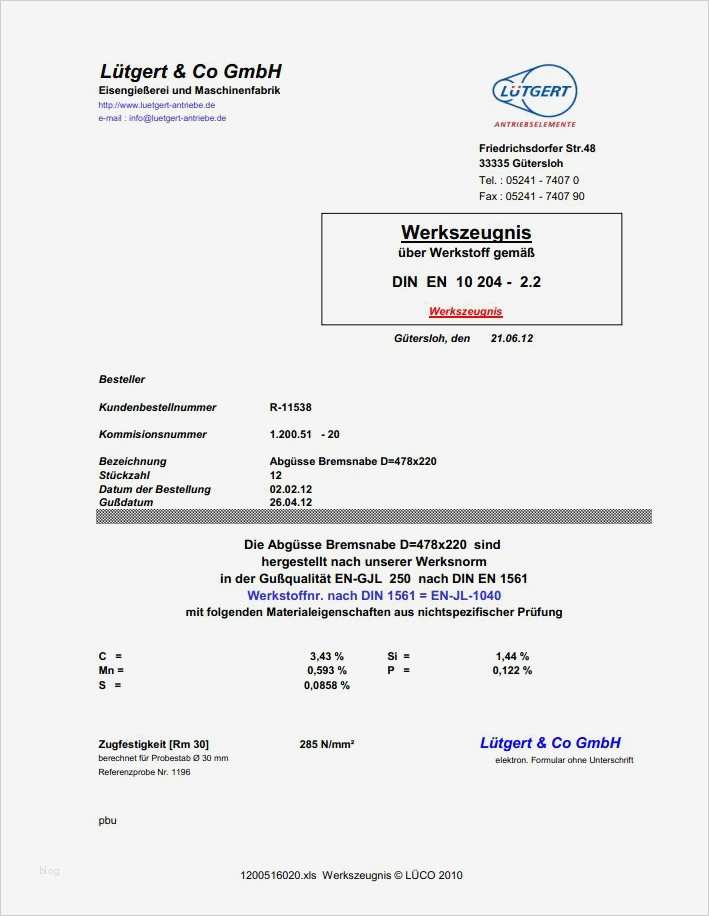 Din En 10204 Werkszeugnis 2.2 Vorlage Neu Zeugnisse
