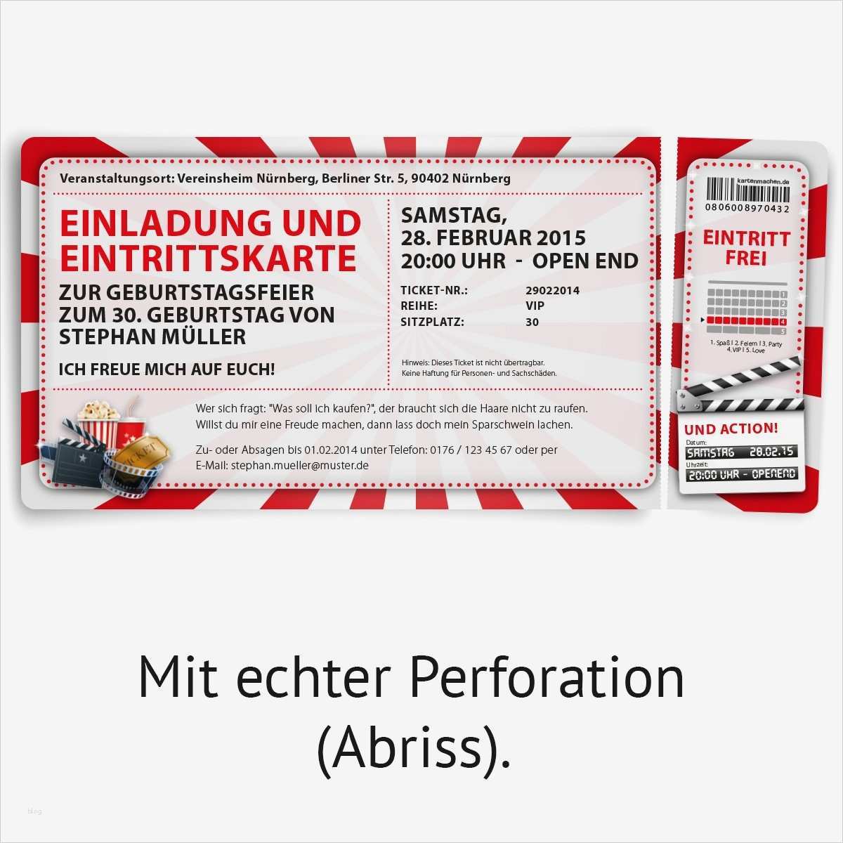 Eintrittskarte Vorlage Angenehm Einladungskarten Als Kino Ticket Zum Geburtstag