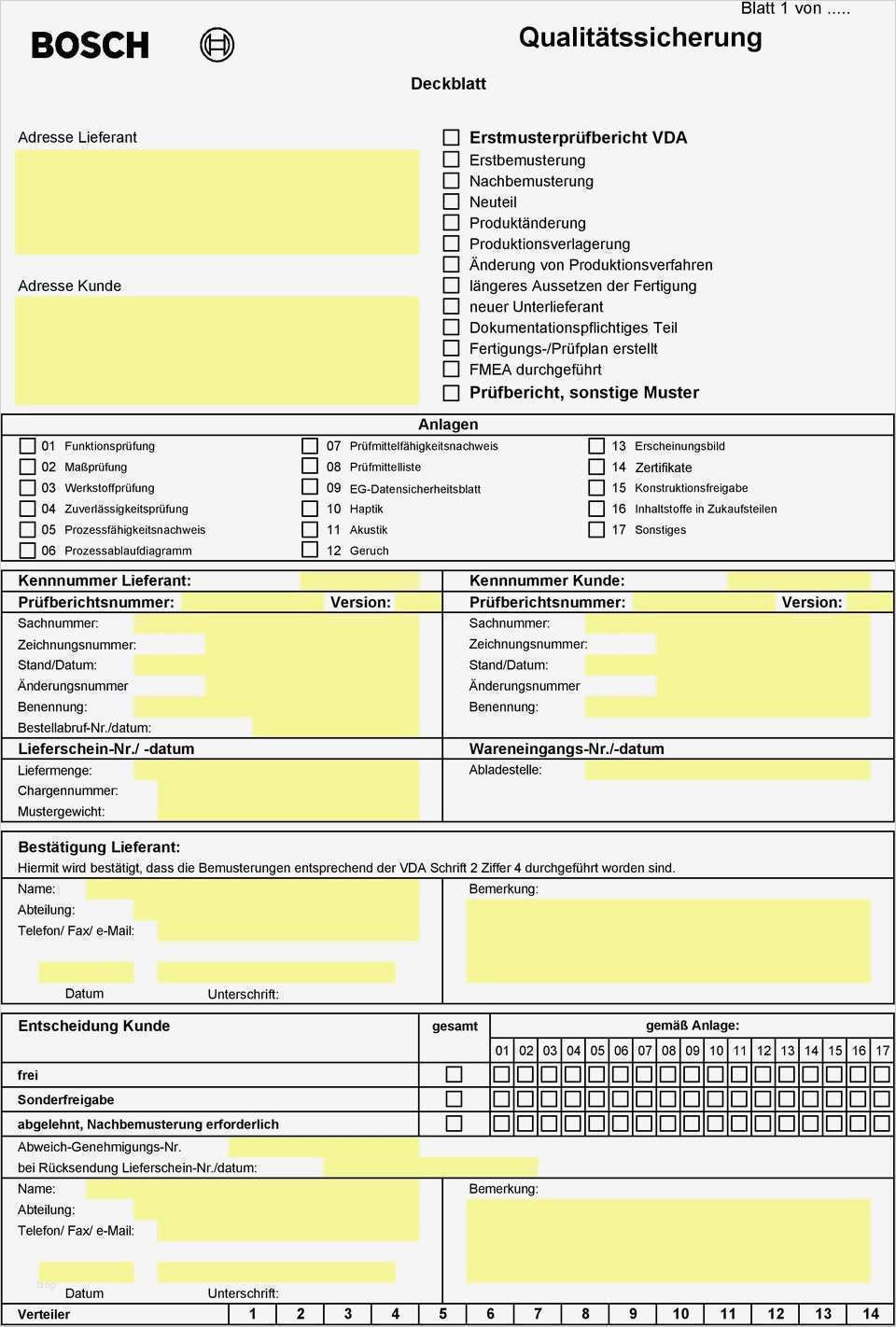 Erstmusterprüfbericht Vda Vorlage Excel Neu Deckblatt Anlagen Prüfberichtsnummer Version