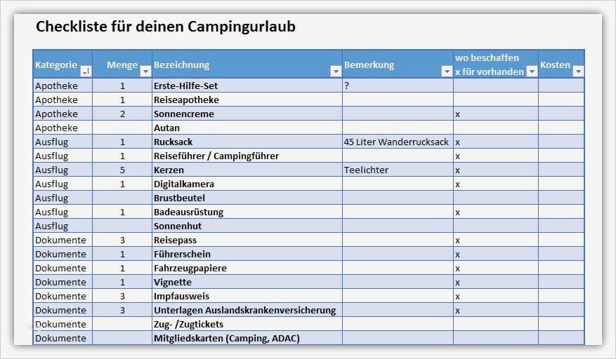Excel Vorlage Checkliste Wunderbar Checkliste Campingurlaub