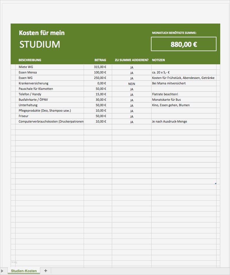 Excel Vorlagen Kostenaufstellung Erstaunlich Studiumkosten Berechnen