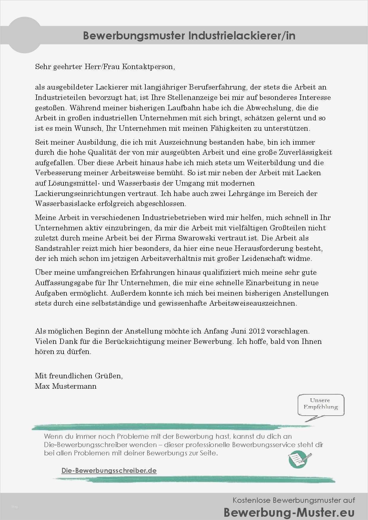 Fachlagerist Bewerbung Vorlage Bewundernswert Kostenloses Bewerbungsmuster Industrielackierer In