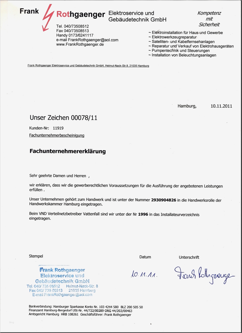 Fachunternehmererklärung Vorlage Erstaunlich Frank Rothgaenger Elektroservice Und Gebäudetechnik Gmbh