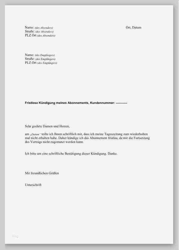 Formloses Anschreiben Vorlage Erstaunlich Fristlose Kündigung Eines Abonnements Muster