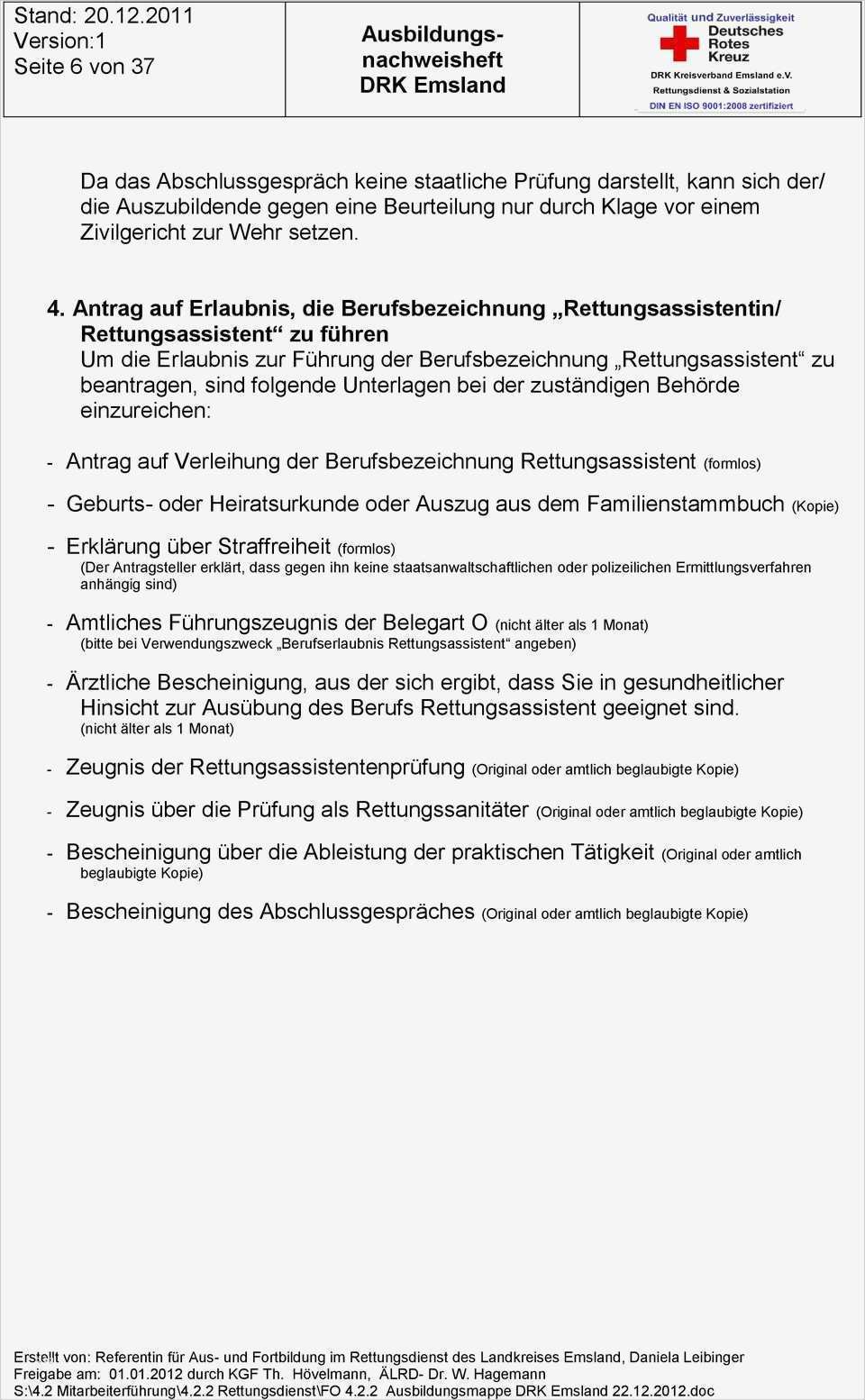 Führungszeugnis Zur Vorlage Bei Einer Behörde Wunderbar Ausbildungsnachweisheft Drk Emsland Berichtsheft über