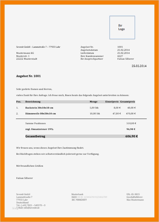 Geschäftsbrief Vorlage Kostenlos Bewundernswert 7 Angebotsschreiben Vorlage