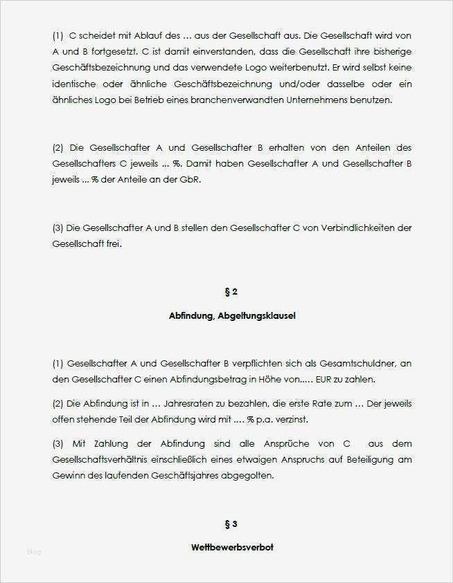 Gesellschaftsvertrag Gbr Vorlage Word Schön Muster Vereinbarung Ausscheiden Eines Gesellschafters Gbr
