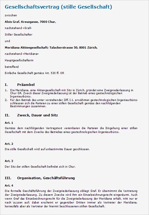 Gesellschaftsvertrag Gmbh Vorlage Word Cool Gesellschaftsvertrag Stille Gesellschaft Muster Zum Download