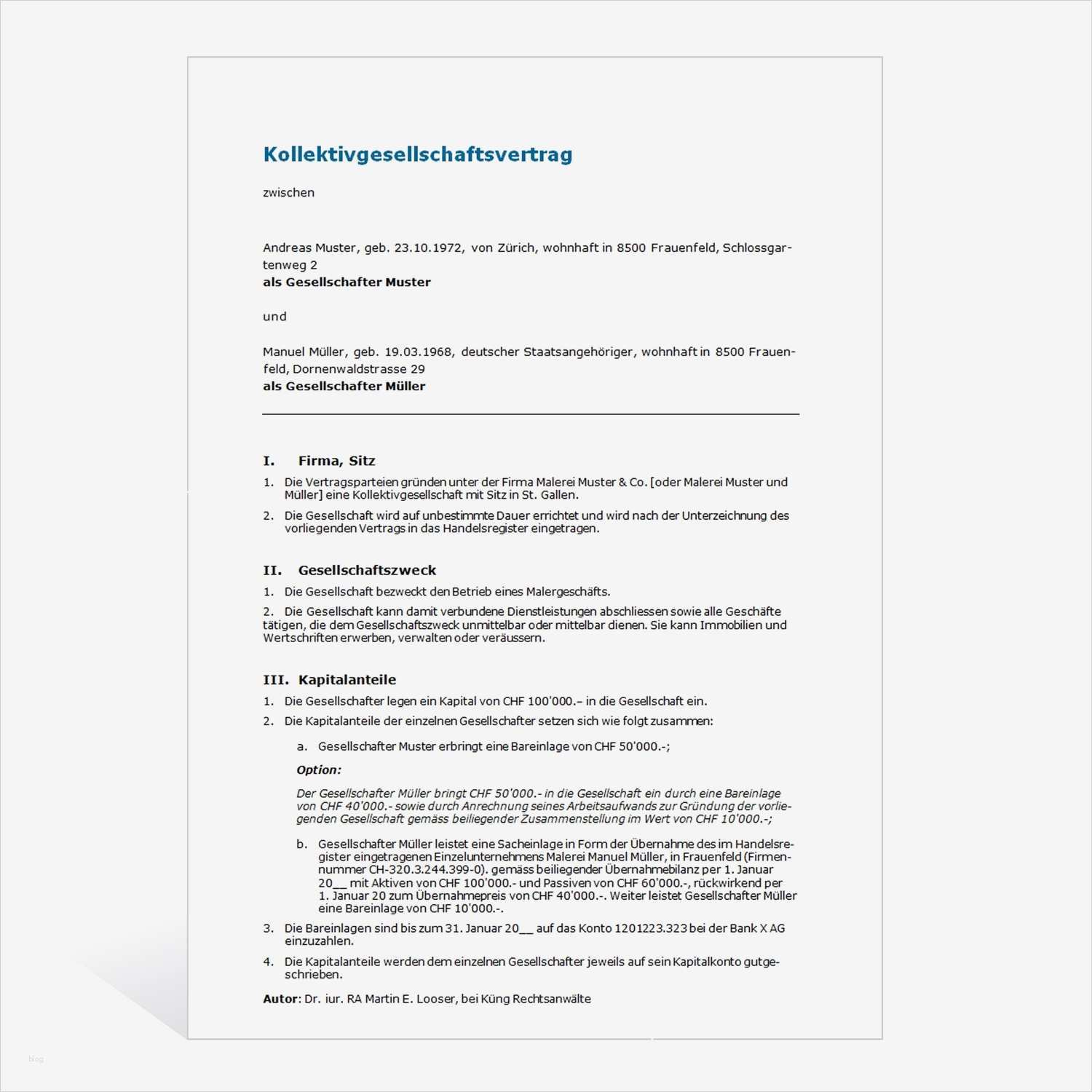 Gesellschaftsvertrag Gmbh Vorlage Word Inspiration Mustervertrag Kollektivgesellschaft