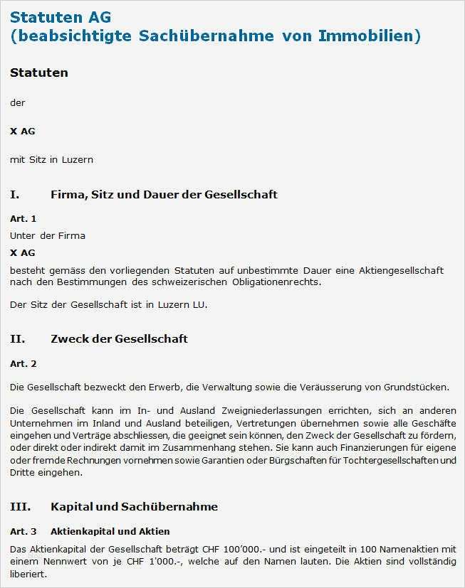 Gesellschaftsvertrag Gmbh Vorlage Word Neu Statuten Ag Muster Zum Download