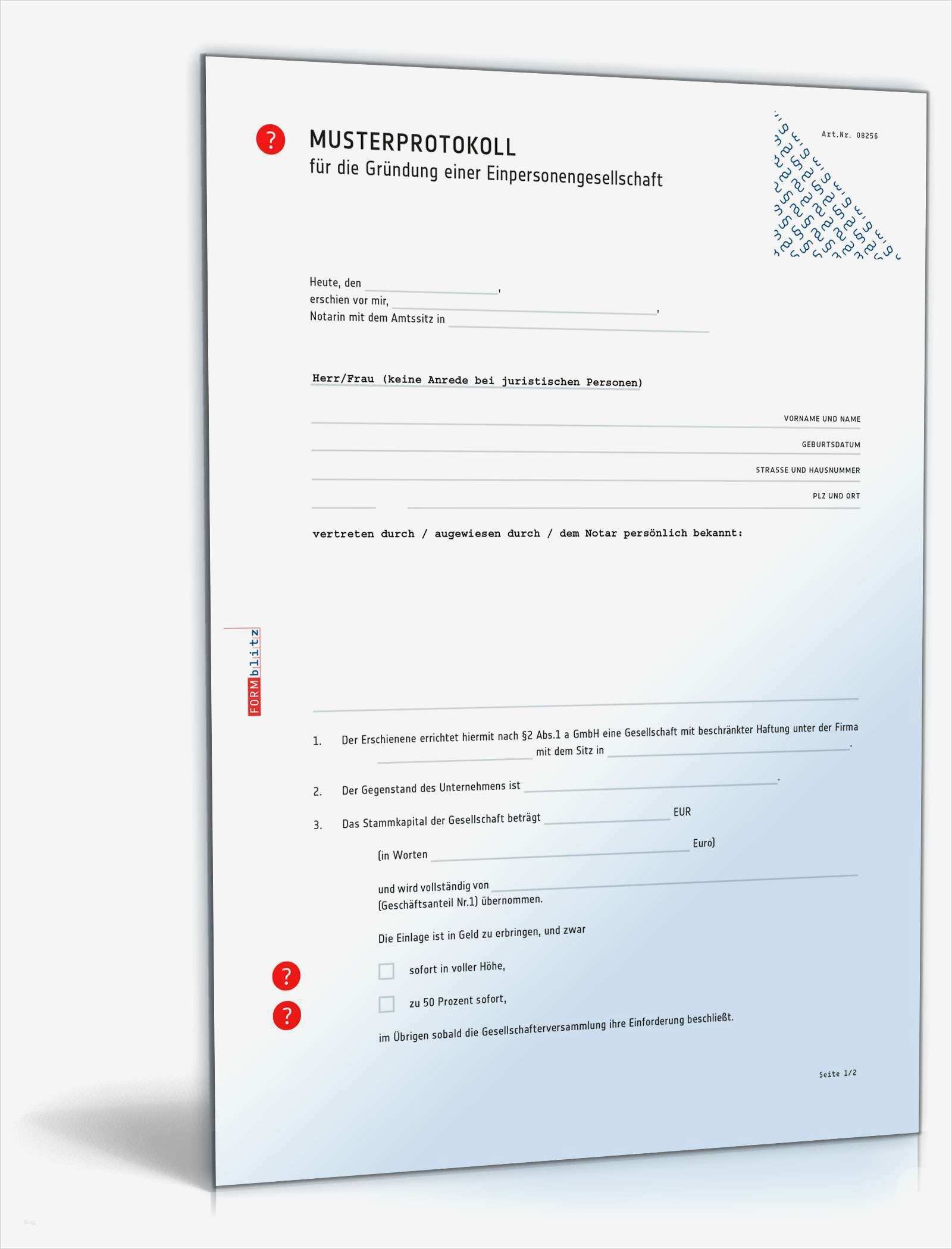 Gesellschaftsvertrag Ug Vorlage Erstaunlich Musterprotokoll Einpersonengesellschaft Muster Zum Download