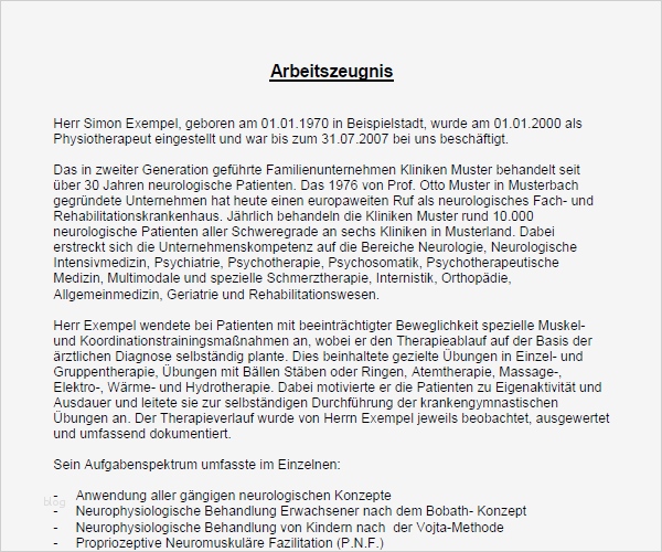 Gutes Arbeitszeugnis Vorlage Elegant Arbeitszeugnis Sehr Gut Physiotherapeut Muster Zum Download