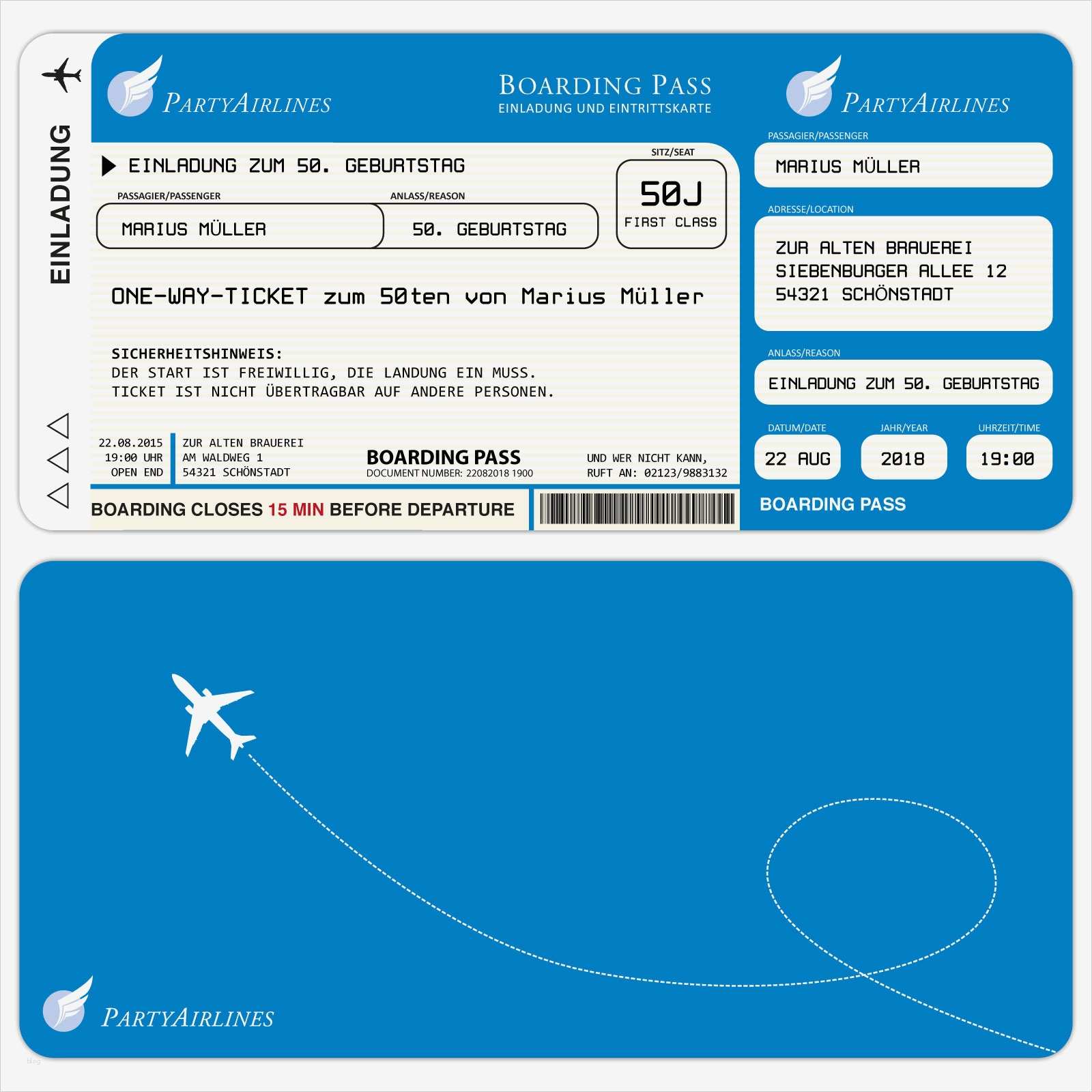 Einladungskarten zum Geburtstag als Flugticket – Hellblau
