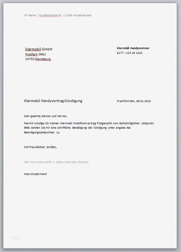 Handyvertrag Kündigen Vorlage O2 Angenehm Handyvertrag Kündigungschreiben – Kostenlose Vorlagen