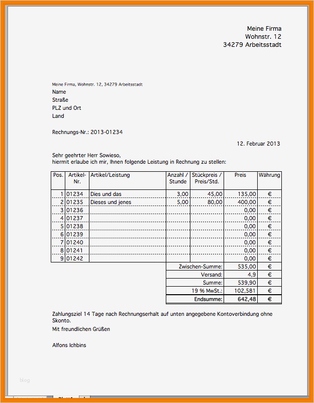 Honorarrechnung Vorlage Großartig 5 Rechnung Physiotherapie