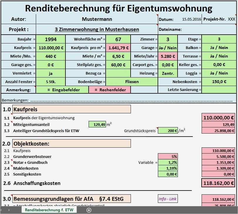 Investitionsrechnung Immobilien Excel Vorlage Best Of Excel Vorlage Rendite Berechnung Für Eigentumswohnung