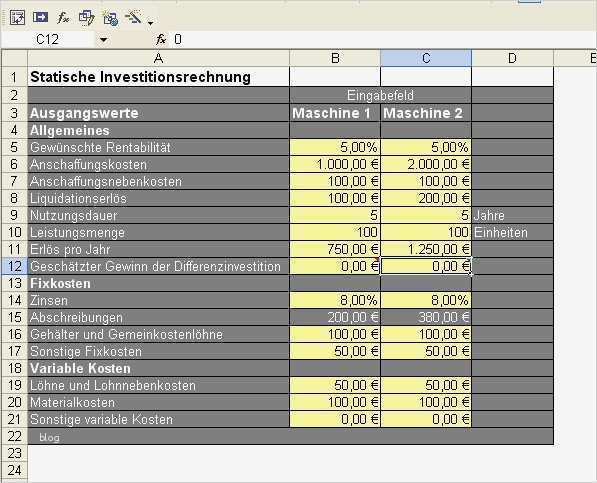 Investitionsrechnung Immobilien Excel Vorlage Fabelhaft Statische Investitionsrechnung Excel tool