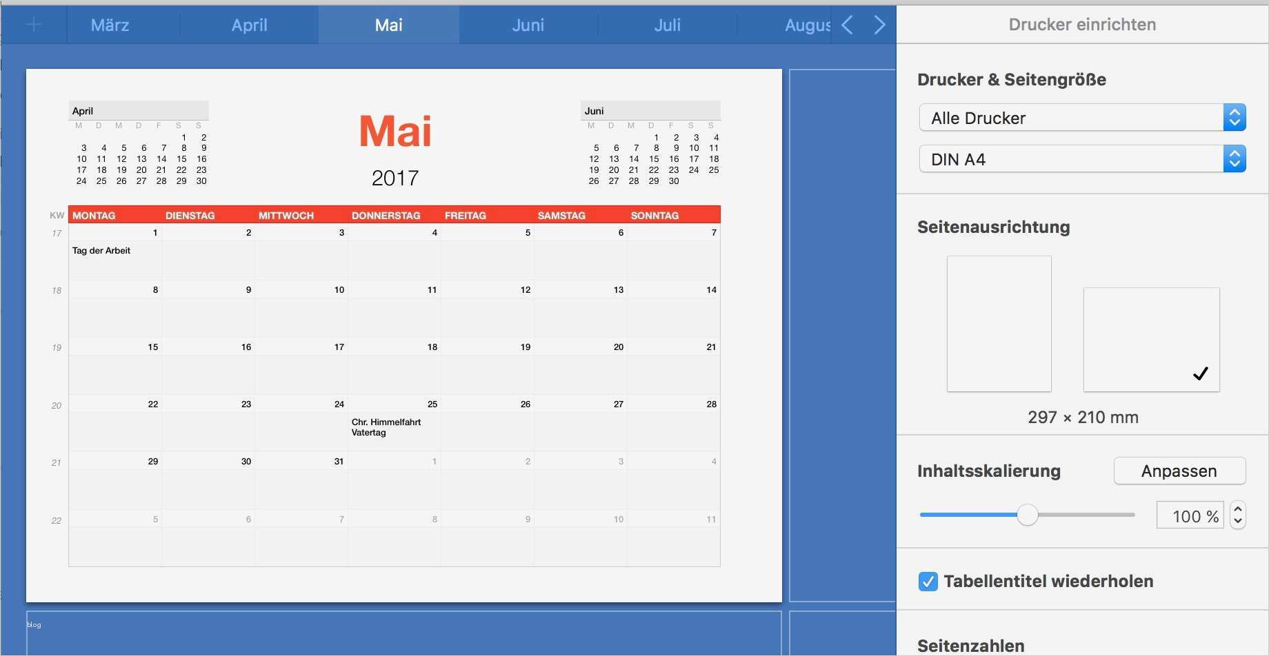 Numbers Vorlage Kalender 2017