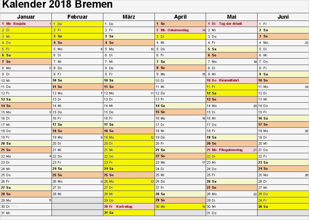 Kalender 2018 Vorlage Einzigartig Kalender 2018 Bremen Ausdrucken Ferien Feiertage Excel
