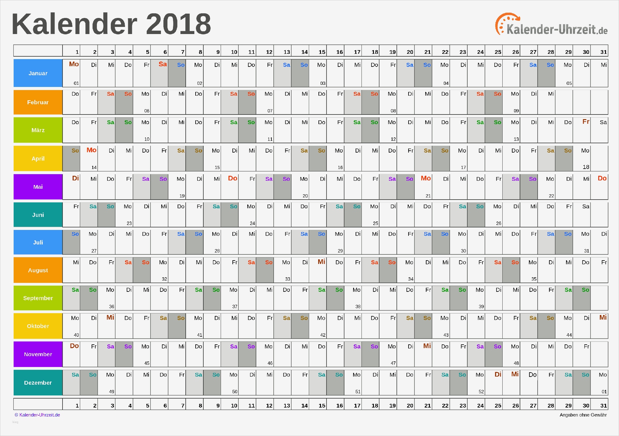 Kalender 2018 Vorlage Fabelhaft Excel Kalender 2018 Kostenlos