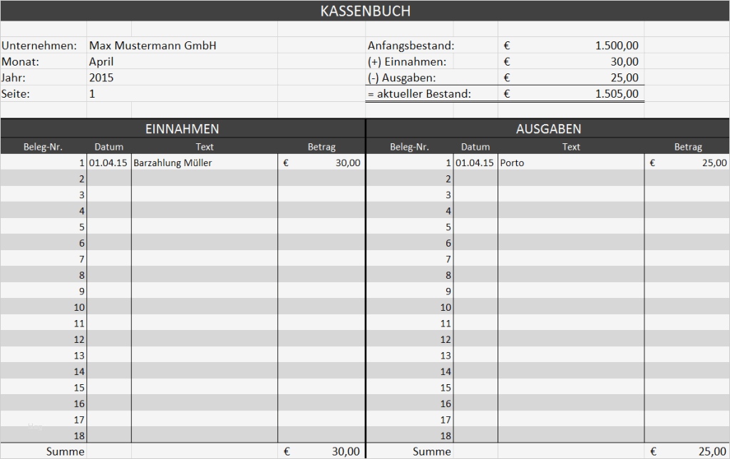 Kassenbuch Excel Vorlage Elegant Kostenlose Vorlagen Und Muster